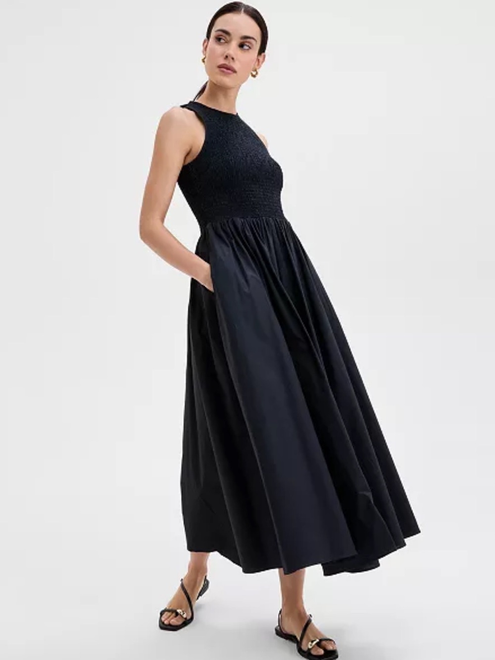 INC International Black Sleeveless Smocked Maxi Dress Minimalist Summer Cottage